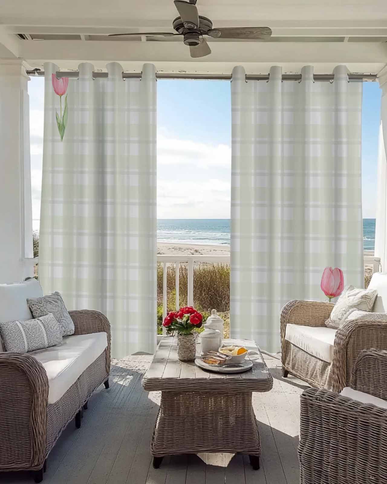 清新格纹郁金香薄纱窗帘