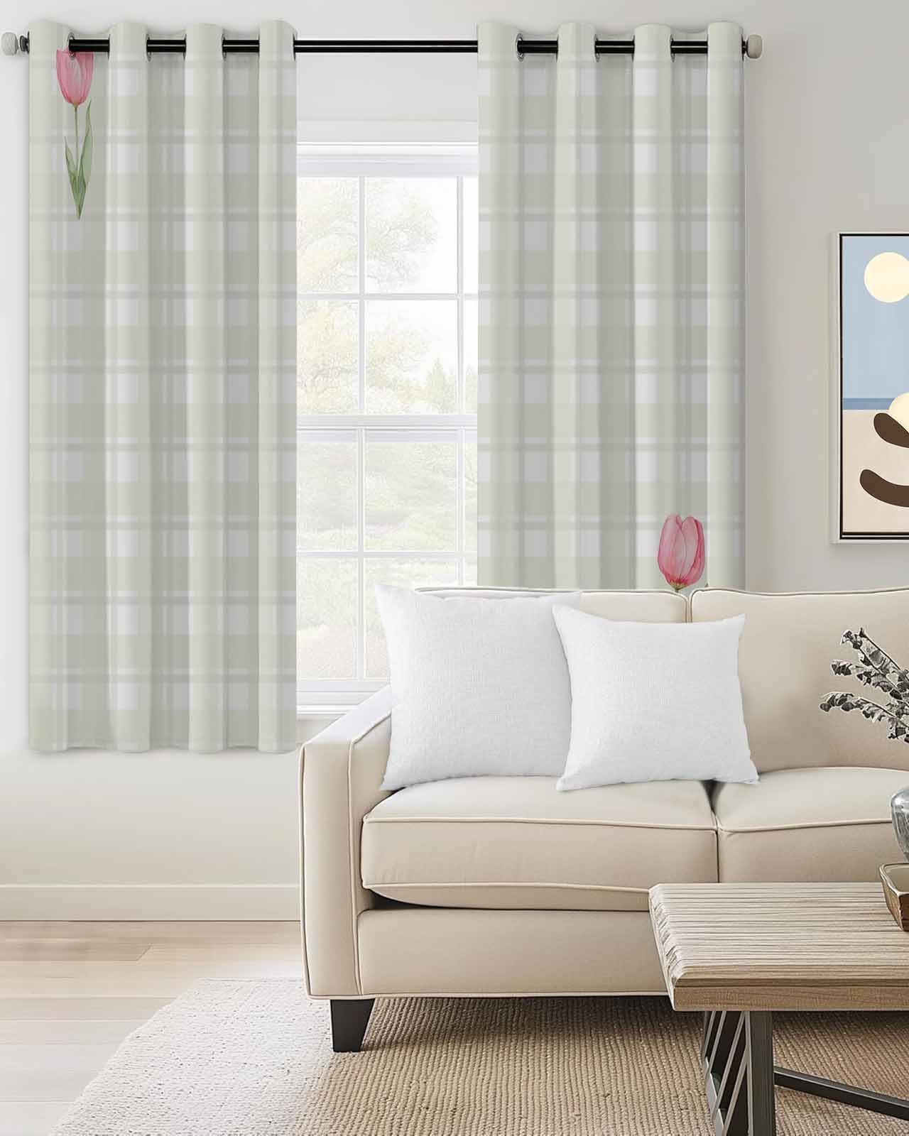 清新格纹郁金香薄纱窗帘