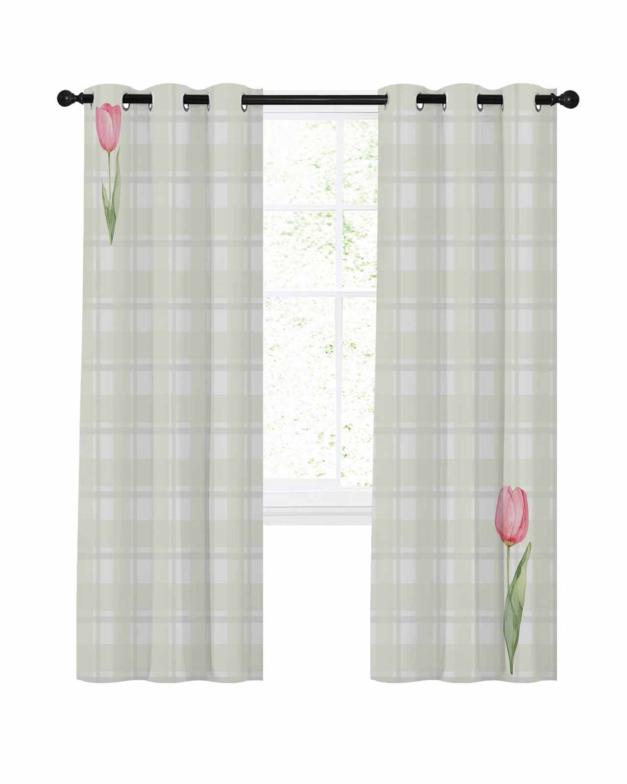 清新格纹郁金香薄纱窗帘
