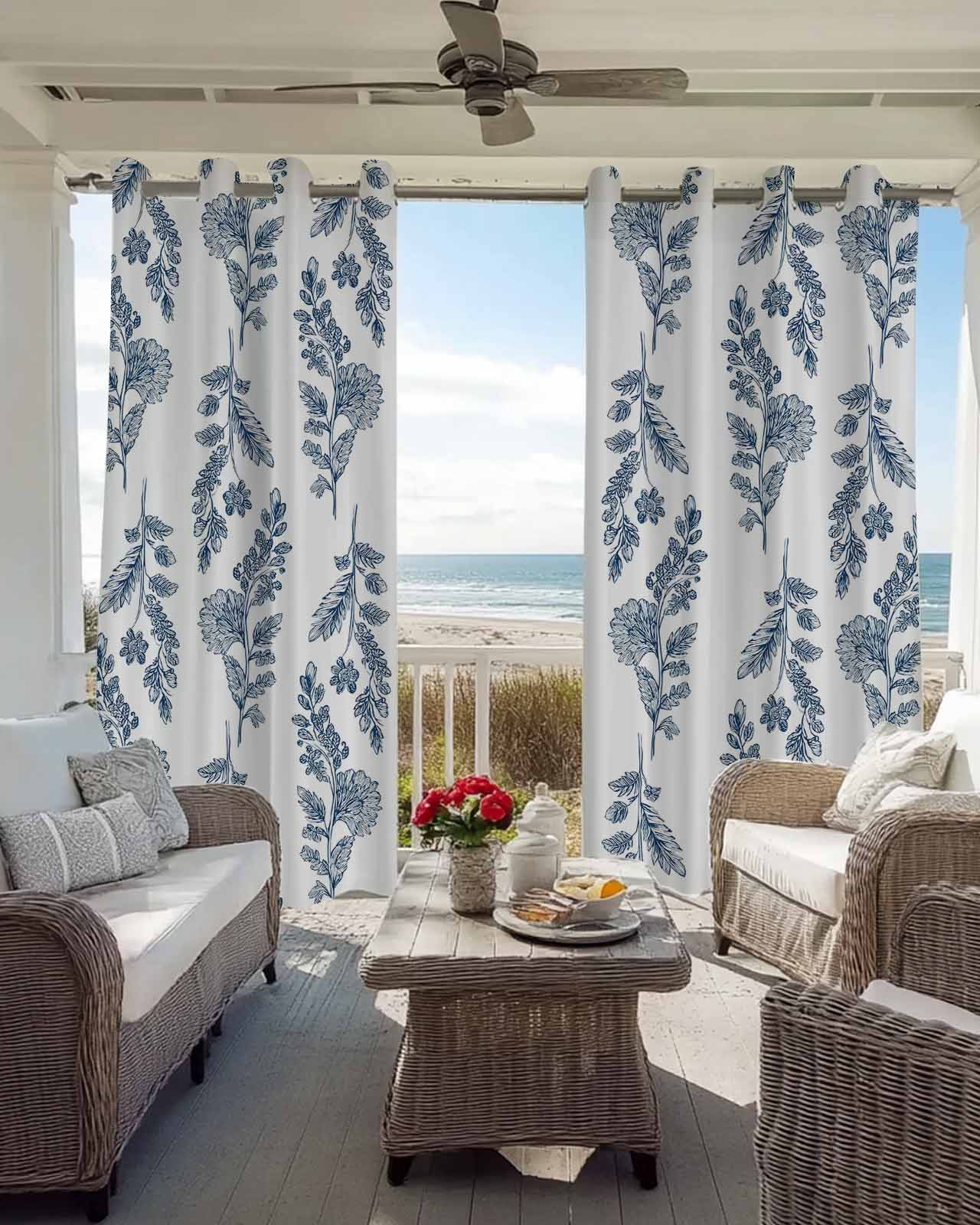 Vintage Blue Botanical Print Curtains – Elegant Window Drapes for Farmhouse & Cottage Decor