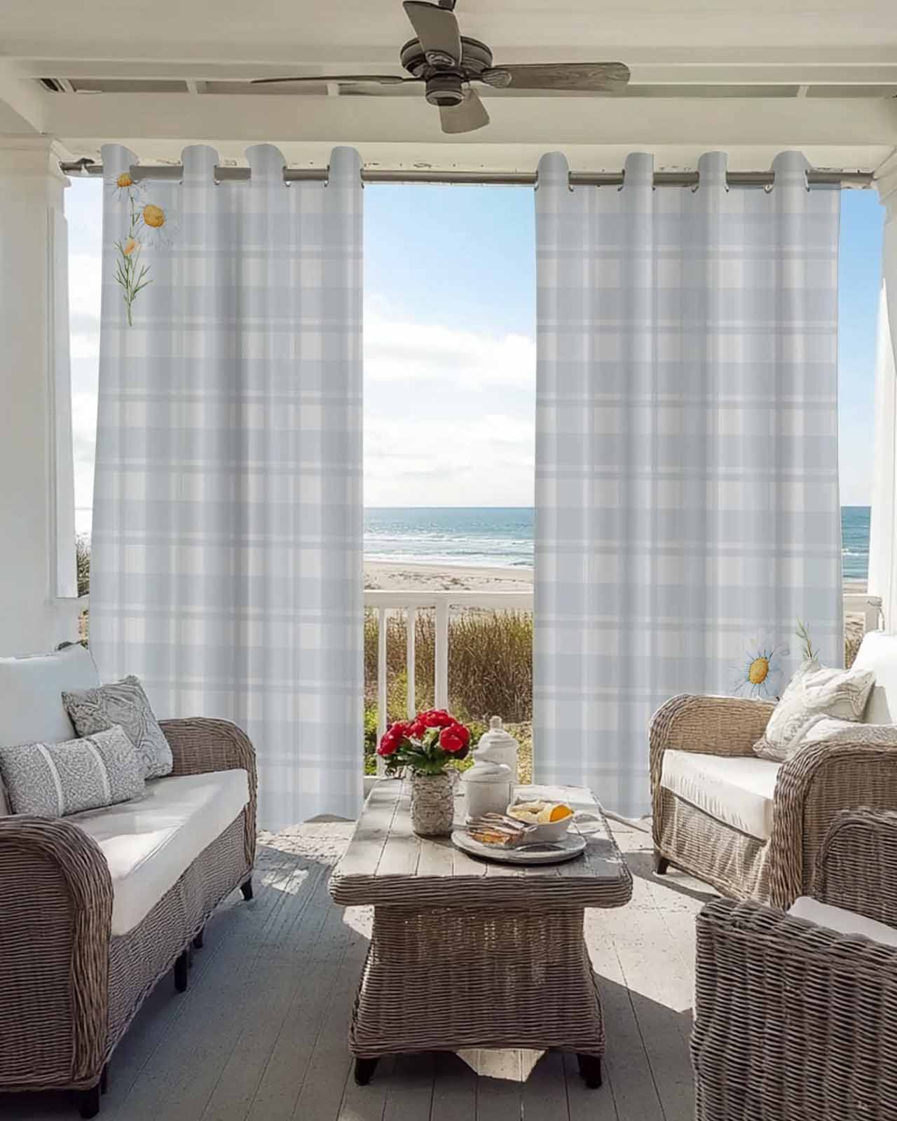 淡紫格纹尤加利叶薄纱窗帘