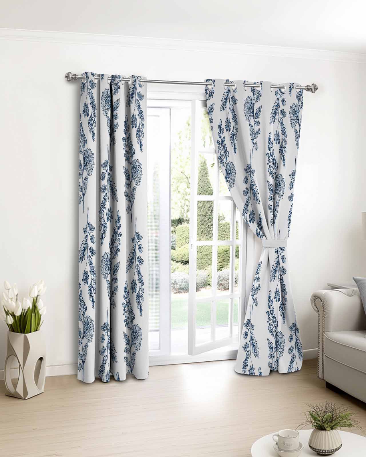 Vintage Blue Botanical Print Curtains – Elegant Window Drapes for Farmhouse & Cottage Decor