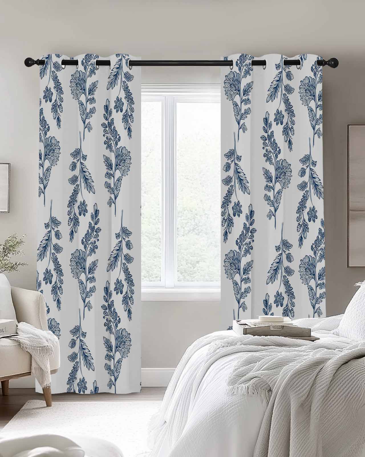 Vintage Blue Botanical Print Curtains – Elegant Window Drapes for Farmhouse & Cottage Decor